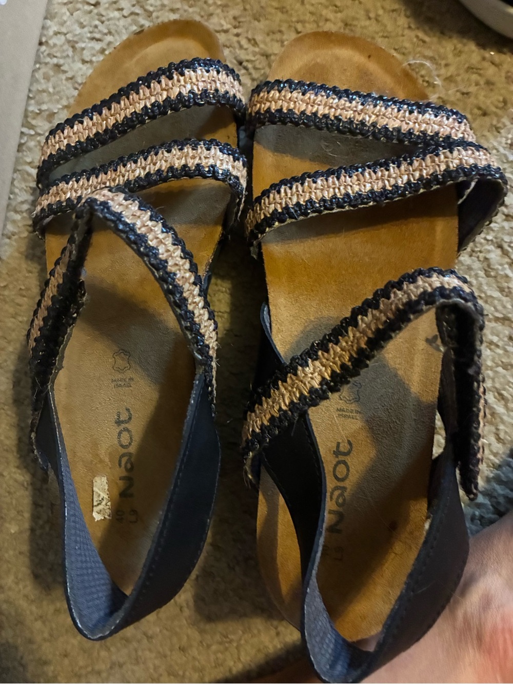 Naot Women’s Black and Beige Woven Strap Sandals
